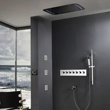 Thermostatic Mixer Valve Touch Panel LED Rain Shower Head Waterfall Bathroom Shower Set 71X43cm Big Misty Showerhead Massage Spa