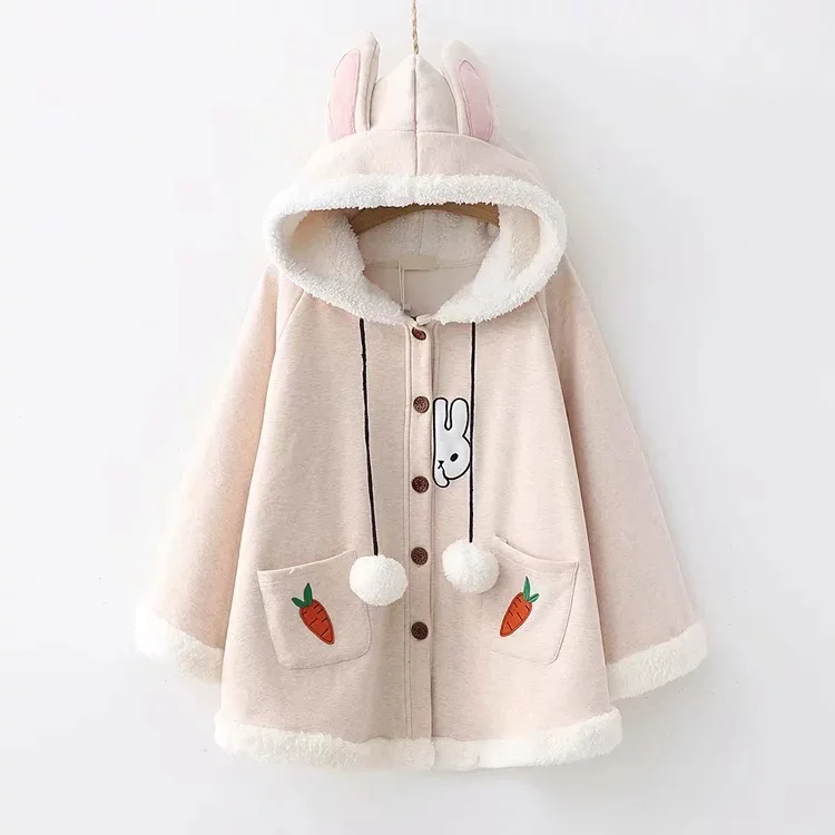 

Mori Girl Cloak Jacket Winter Women Cute Cartoon Rabbit Embroidery Ear Hooded Loose Cape Coat Cotton Fleece Casual Outerwear