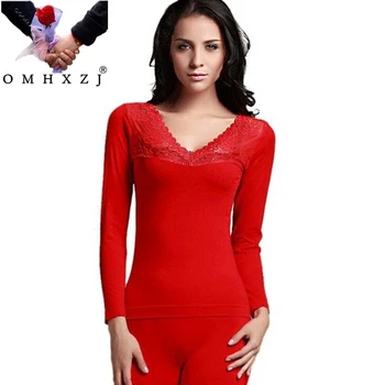 

OMH seamless lace flowers Long Johns winter women round neck clothes solid color Comfortable slim Thermal Underwear suit UN09