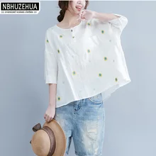 NBHUZEHUA 7G656 4XL 5XL 6XL женская футболка с цветочной вышивкой желтая Красная белая футболка плюс размер хлопковые рубашки футболка Femme
