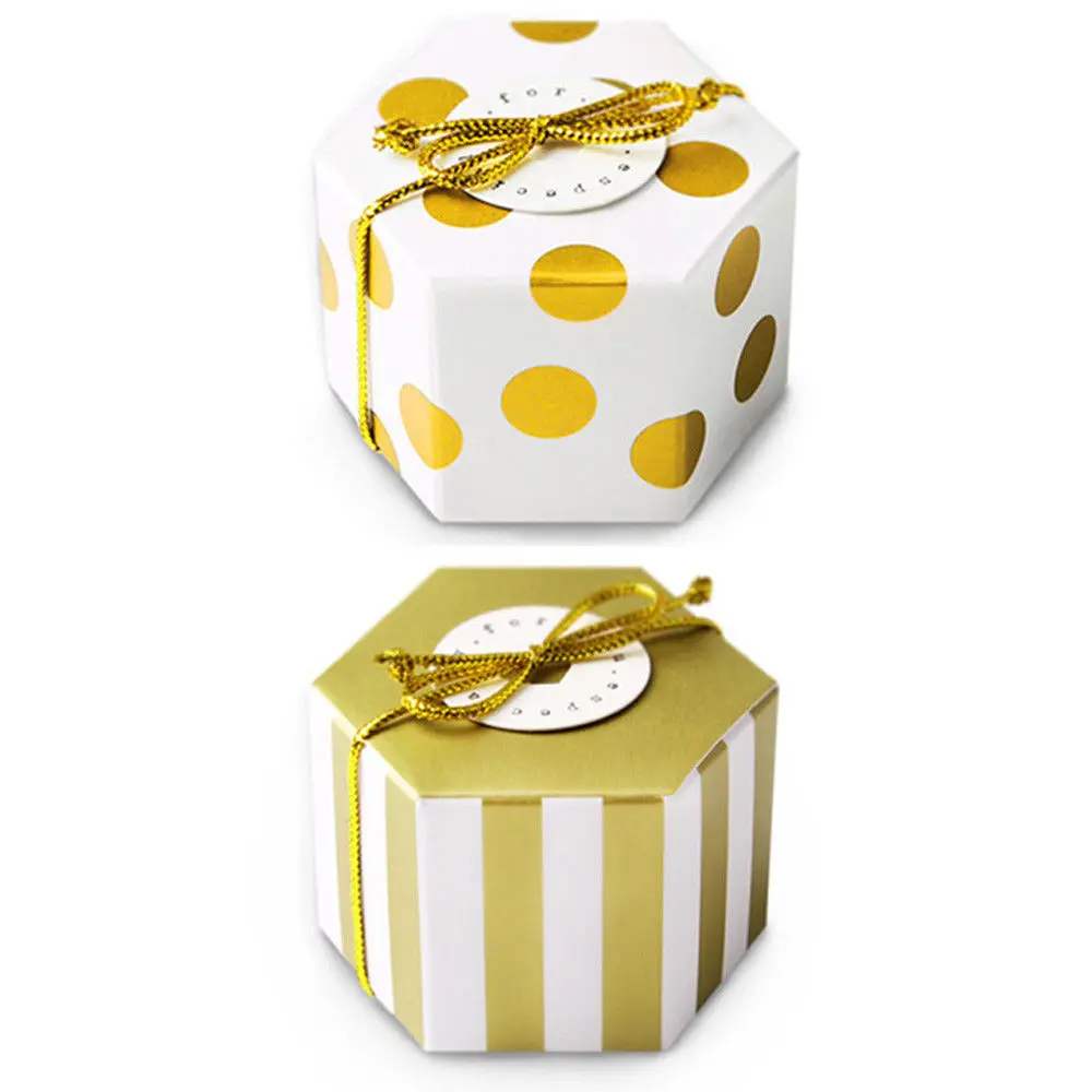 

Cute Favour Bags Sweet Candy Box Food Container Chocolate Boxes Gold White Dots/Stripes Paper Party Covers Festival Gift