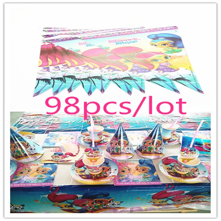 

98Pcs for 10People useTablewares Set cartoon is shimmer and shine Birthday Party Family Children Disposable Cups Plates Tissues