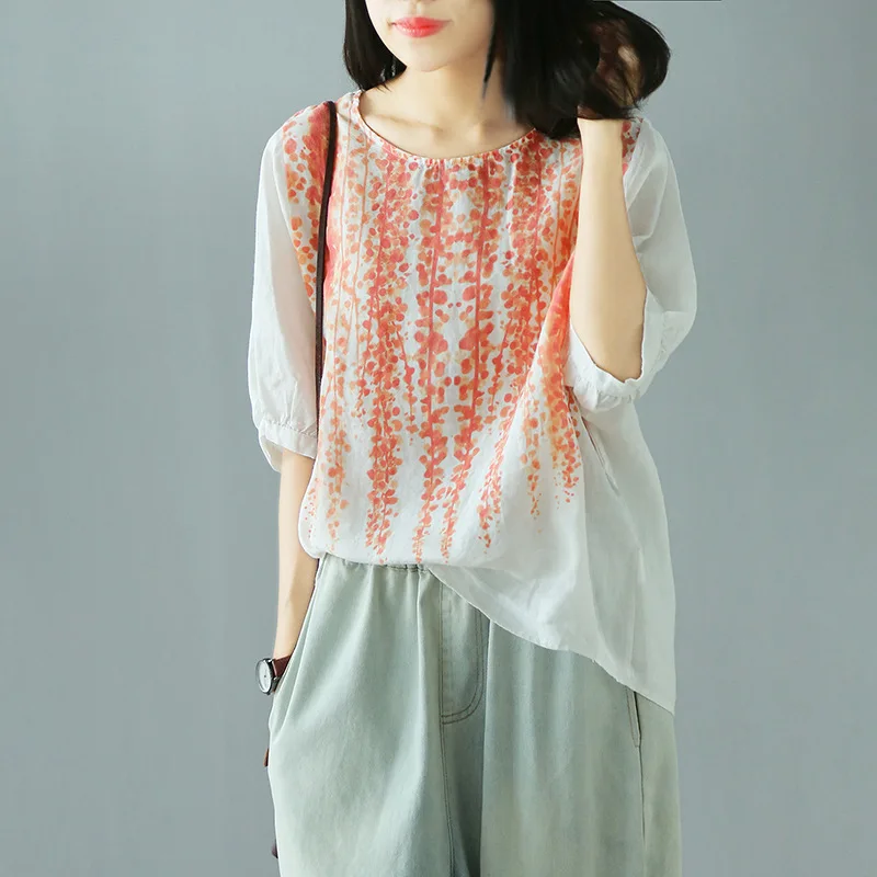 

Summer Tees 2019 Femme Tops Linen Cotton Short-Sleeved Irregular Tshirt Women Loose Printed Mori Girls Leisure T-Shirt O-Neck