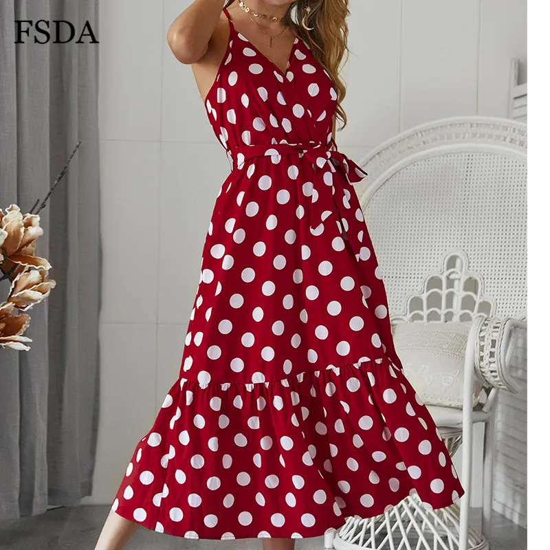 

FSDA Polka Dot Print Wrap Dress Backless V Neck Back Cross Sashes Bow Casual Strap Women Elegant Summer Beach Midi Dresses