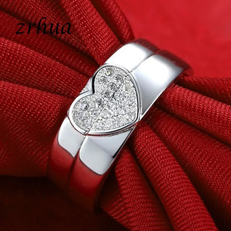 ZRHUA Elegant Men Women Personalized 925 Sterling Silver Heart Rings Fashion Chic Couple Anillos for Wedding Party Engagment