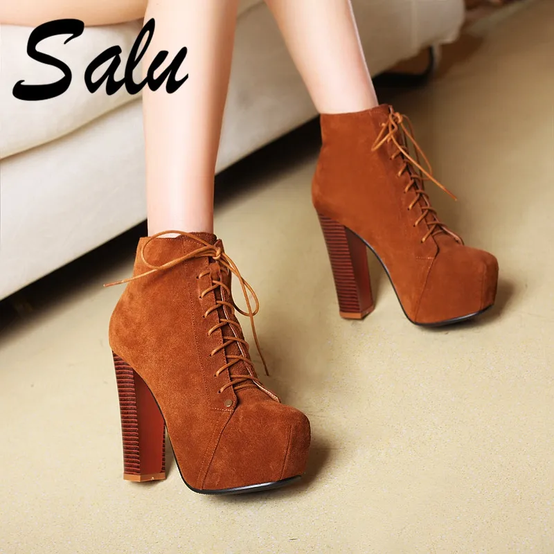 

Salu Women Ankle Boots Genuine Leather Autumn Winter Warm Square High Heels Shoes Woman Punk Brand Ladies Boots Size 42 43
