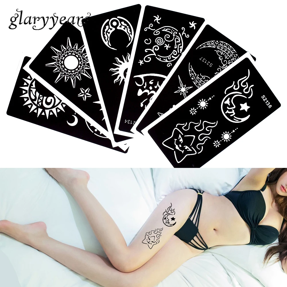 

6 Pieces Henna Tattoo Stencil Template Moon Face Pattern Glitter Paste Drawing Back Body Art Women Makeup Tattoo Stencil S200#20