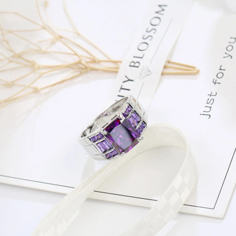 Qevila Hot Fashion Natural Amethyst Gemstones Ring Plated White Gold Handmade Engagement Party Rings for Women Men Jewelry Gifts Boho (3)