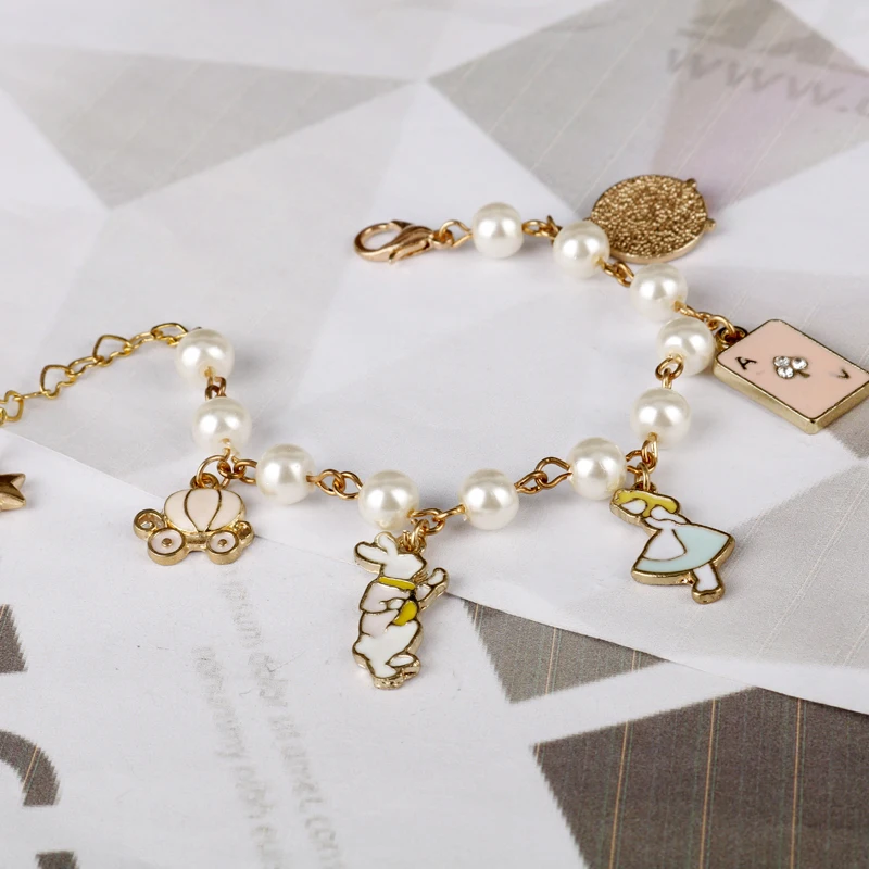 Fashion Women Jewelry Accessories Alice Rabbit Clock Imitation Pearl Link Chain Bracelet Charm Bangle bracelet jewelry