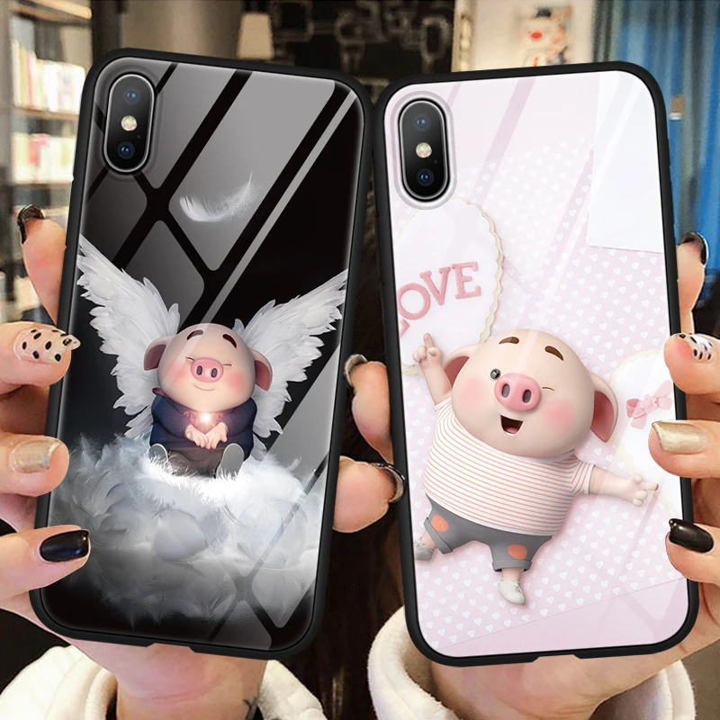 Luxury Tempered Glass Phone Case For iphone X 11 Pro XS Max XR 10 6 6S 7 8 Plus Pig Small Fart Cute Case For iphone XS Max Coque