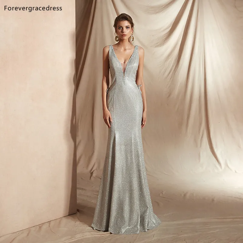 Forevergracedress Серебряные вечерние платья с глубоким v-образным вырезом Русалка со шнуровкой сзади Вечерние платья большого размера на заказ