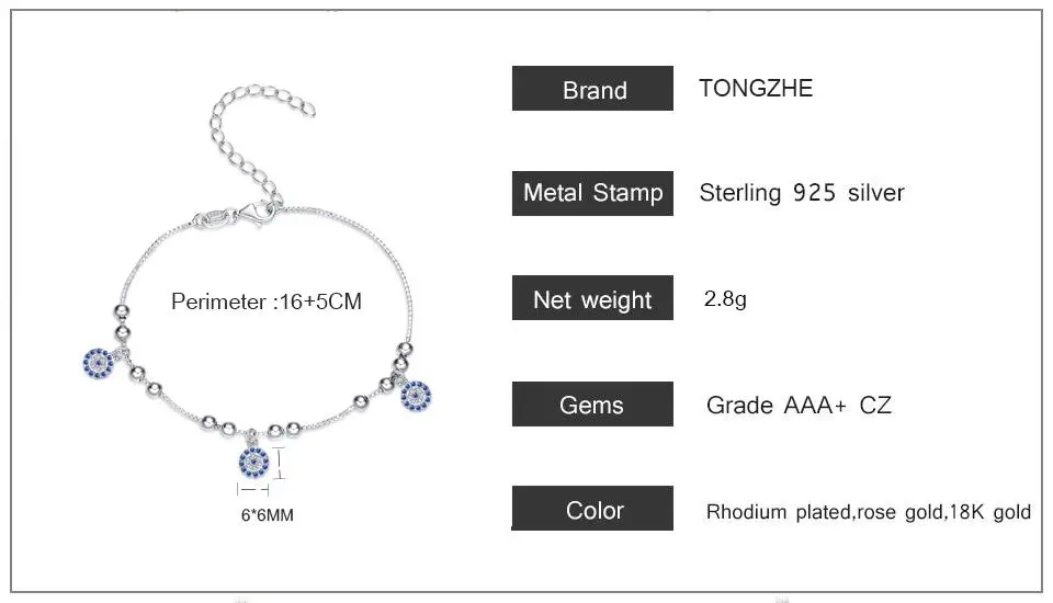 TONGZHE подлинный женский браслет из стерлингового серебра 925 CZ голубой Круглый браслет с бусинами от сглаза турецкие браслеты хорошее ювелирное изделие