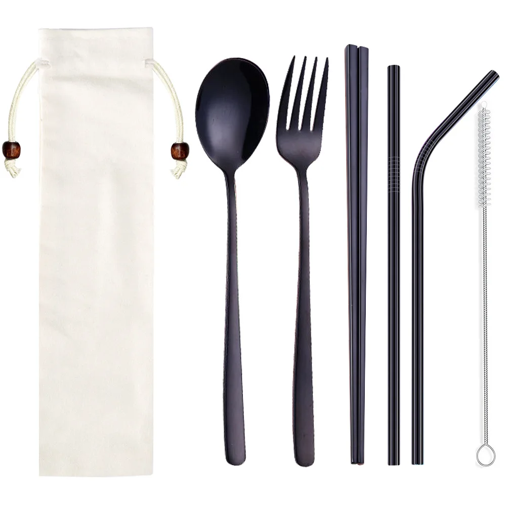 

Black Tableware Set Chopsticks Fork Spoons Set Stainless Steel Straw Cutlery Set with Straws Bag for PortableTravel Flatware Set