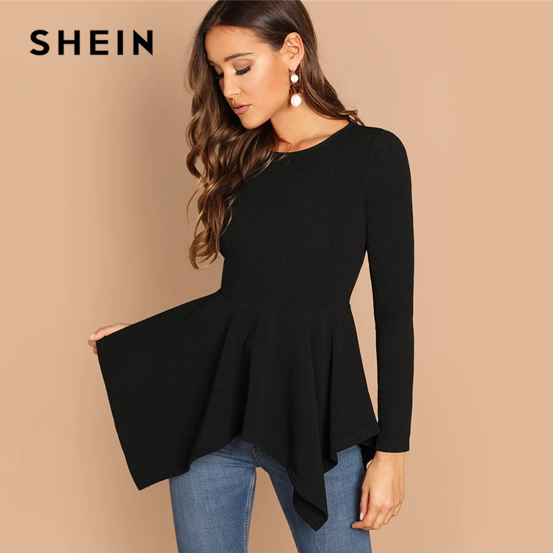 SHEIN Однотонный Топ С Асимметричным Низом И Молнией Женская Черная Классическая Блузка С Длинными Рукавами