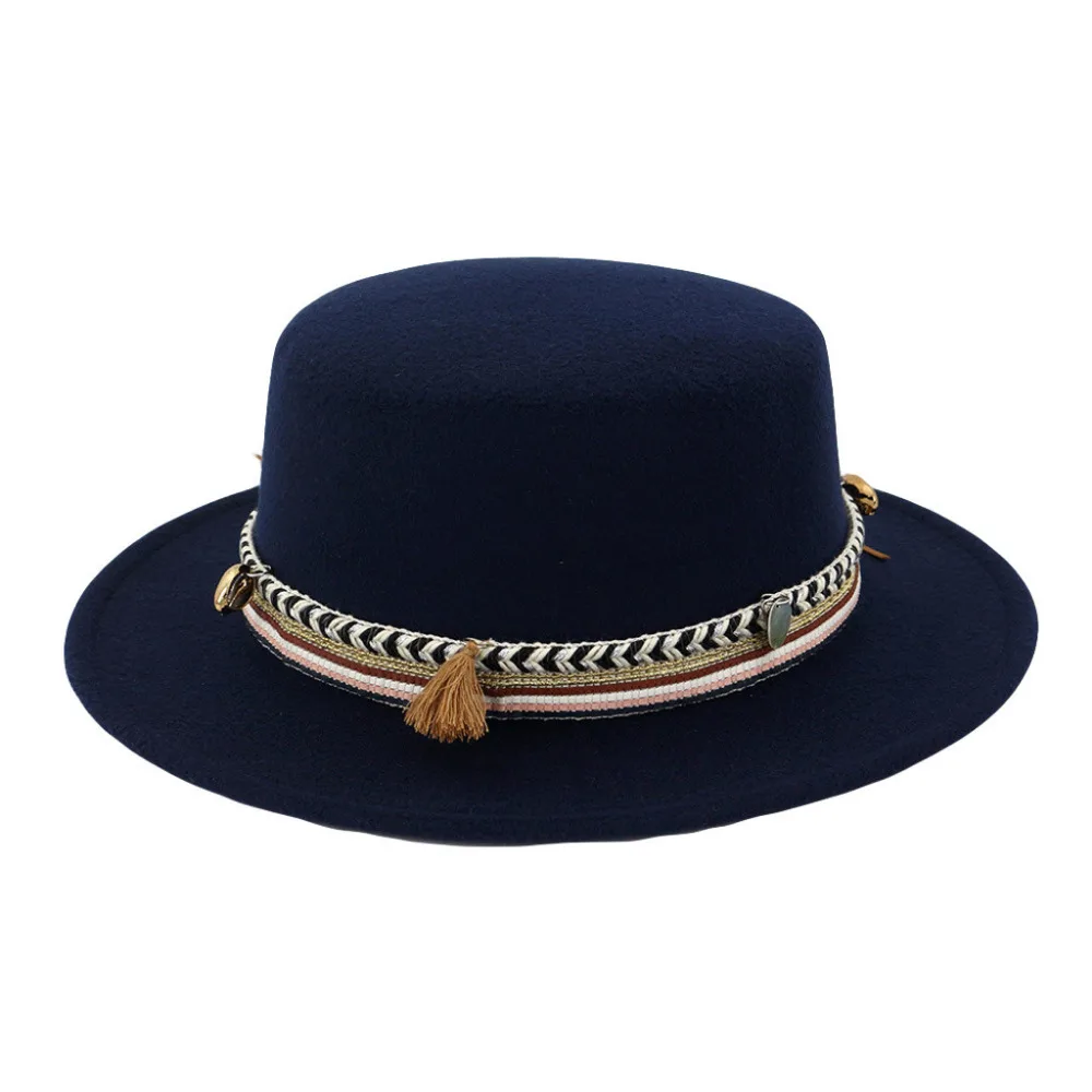 Для женщин с широкими полями шерстяной ремень фетр Flat Top Fedora Hat для вечерние церковь мягкая фетровая шляпа Cap_3.7