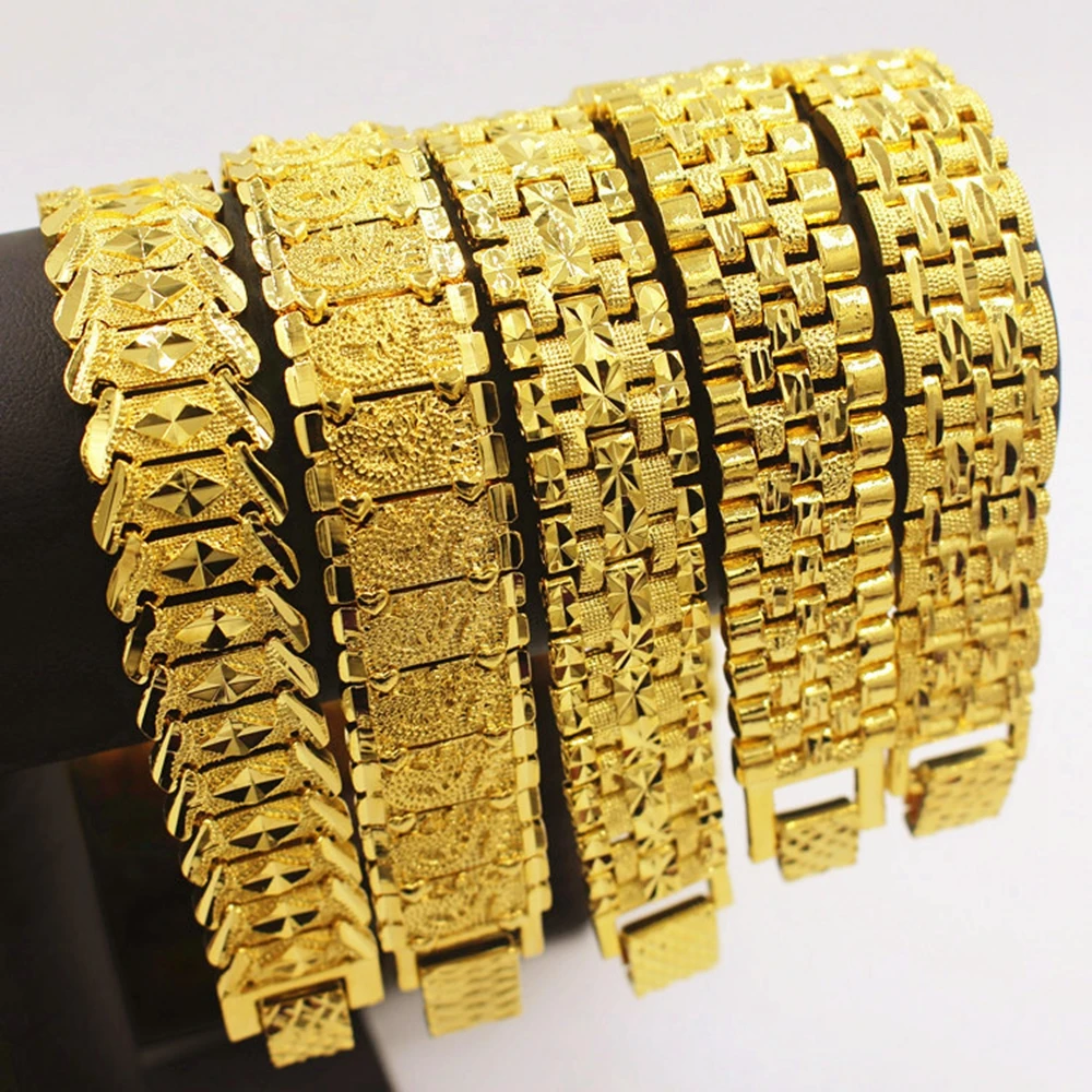 Mens Jewelry Hip Hop Style Solid Yellow Gold Filled Mens Bracelet Wrist