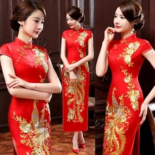 Summer New Red Chinese Bride Wedding Qipao Dress Women Satin Long Slim Cheongsam Embroidery new red handmade nail bead women lace sexy qipao elegant chinese style wedding dress floral slim ankle length cheongsam