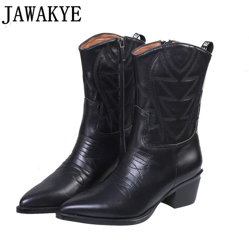 

Real leather botas mujer Western knight Boots for women runway design embroidery middle heel british martin Mid-calf Boots