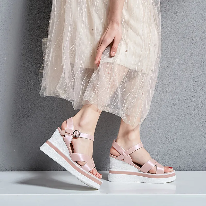 

YMECHIC Summer 2019 Good Quality Platform Wedges Sandals Cross Strap Silk Pink Silver Party Ladies Summer Shoes Platforms Woman