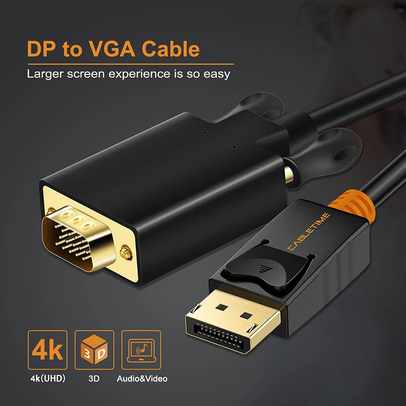 CABLETIME 2019 New DisplayPort To VGA Cable DP To VGA Converter Displayport Cable Gold for Projector laptop iMac HDTV C075