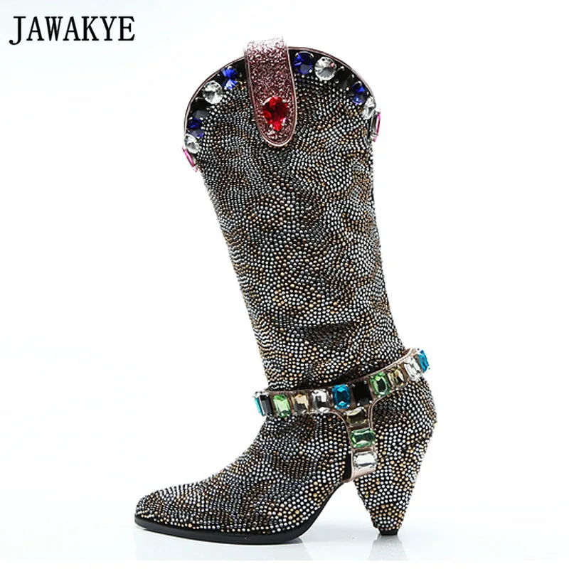 

JAWAKYE designer colorful Crystal Pointy Toe Knee High Boots Strange high Heel Booties Bling bling Rhinestone long Boots women