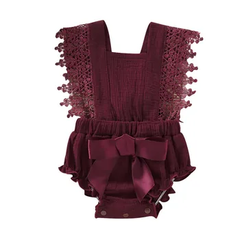 

lace bow Infant baby girl romper solid color sleeveless halter jumpsuit cotton and linen baby romper for 0-18M