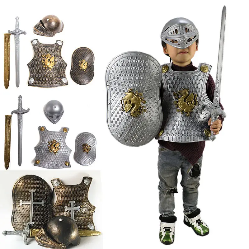 

New Halloween Hero Knight/Gladiator warrior Armor+Shield+Sword+Helmet 4pcs/set Child Costume party Cosplay Dress-up Boy Play toy