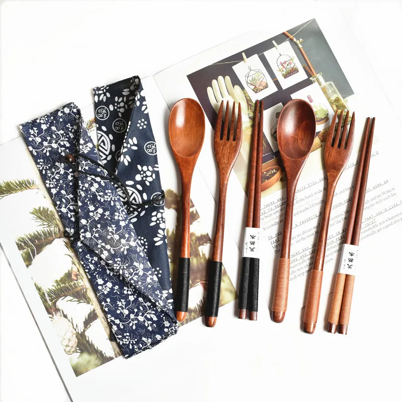 

Creative Wooden Dinnerware Set Portable Cutlery Set With Cloth Bag Fork Spoon Chopsticks Travel Home Dinnerware Set Gift