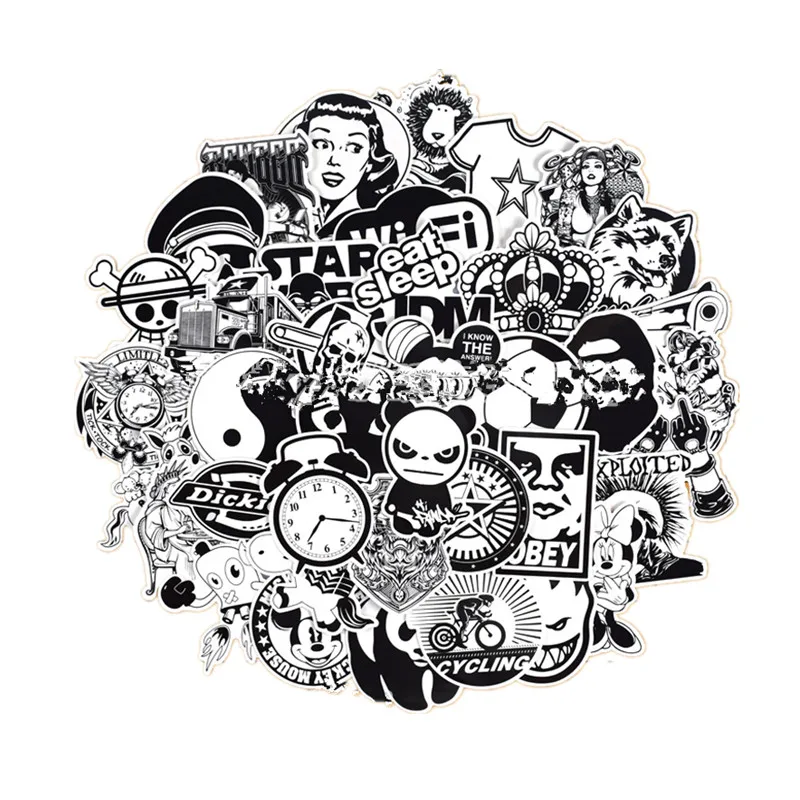 

50pcs Random Laptop Graffiti Punk JDM Cool Stickers Black and White Sticker for Kids Sticker on Skateboard Suitcase Bike Helmet