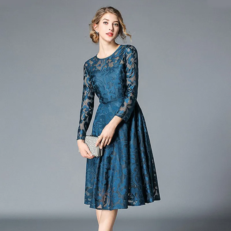 women new fashion designer autumn winter elegant vestidos slim bodycon party casual runway lace long sleeve dresses black blue