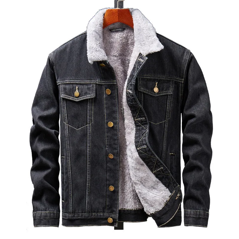 MORUANCLE мужские зимние теплые джинсовые куртки и пальто с флисовой подкладкой, Толстая теплая джинсовая куртка, верхняя одежда размера плюс M-5XL с меховым воротником - Цвет: Черный