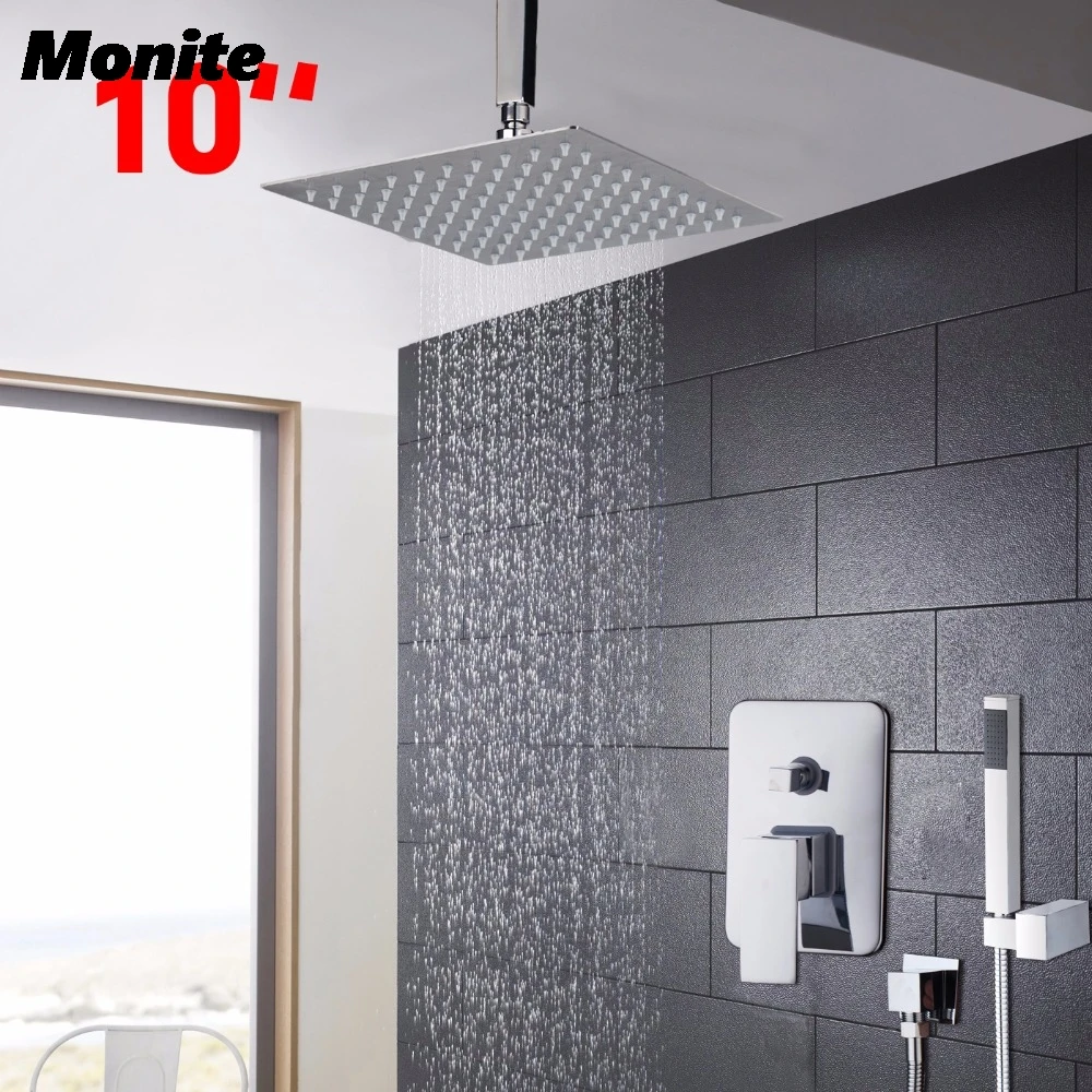 

10" Bathroom Shower Set Bath Shower Mixer Faucet Ceiling Rainfall Shower Head + Stainless Steel Hand Shower
