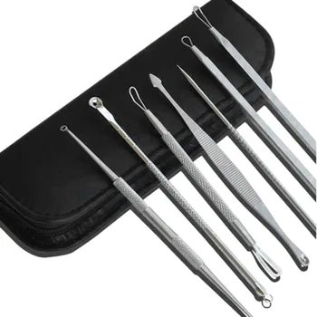 

7Pcs Stainless Steel Blackhead Extractor Remover Tool Pimple Blemish Extractor Facial Skincare Set Kit With Leather Storage bag