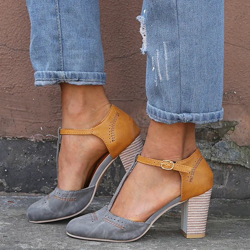 

QWEDF Summer Leather Pumps Women Chunky Block Heel Shoes Buckle Strap Round Toe Casual Size 41 42 43 Lady Female Sandals SE-15