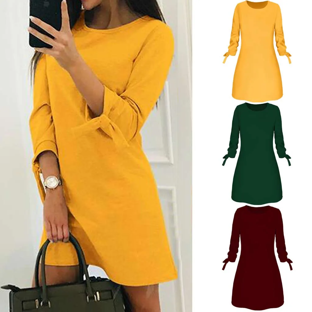 

JAYCOSIN Women Dress Fashion O-neck Solid Bow Elegant Straigth Dress Summer Spring Loose Ankle-Length Womens Dresses HX0403
