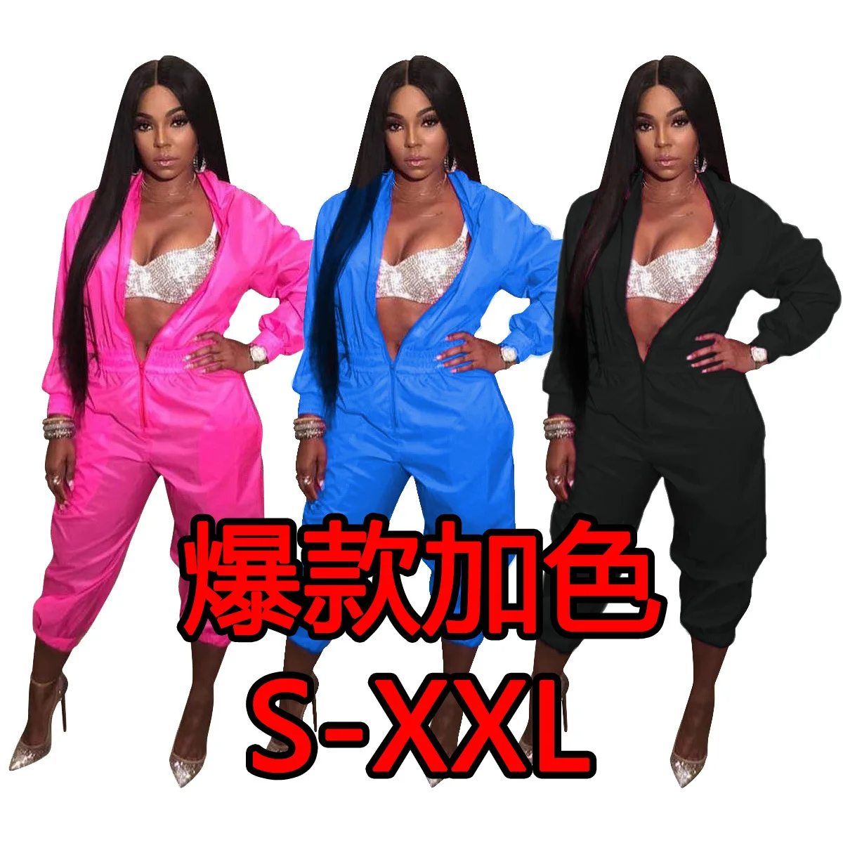 

2019 hot selling Sexy solid color zipper long sleeve jumpsuit Cropped trousers 3 colors