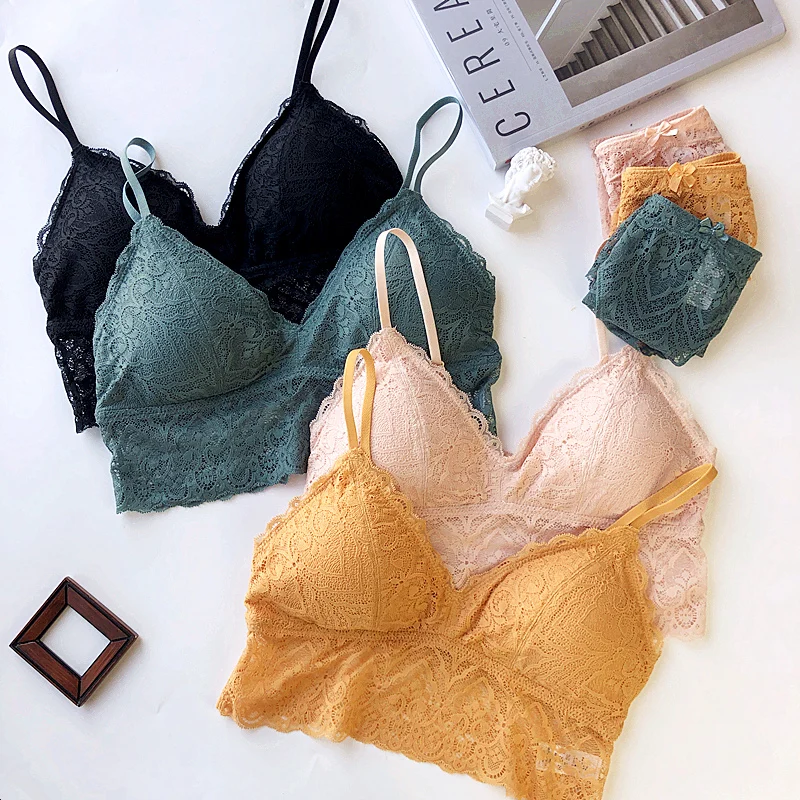 

French lace bralette transparent panties Triangle Cup thin cup with pad brassiere sets sexy women underwear female lingerie