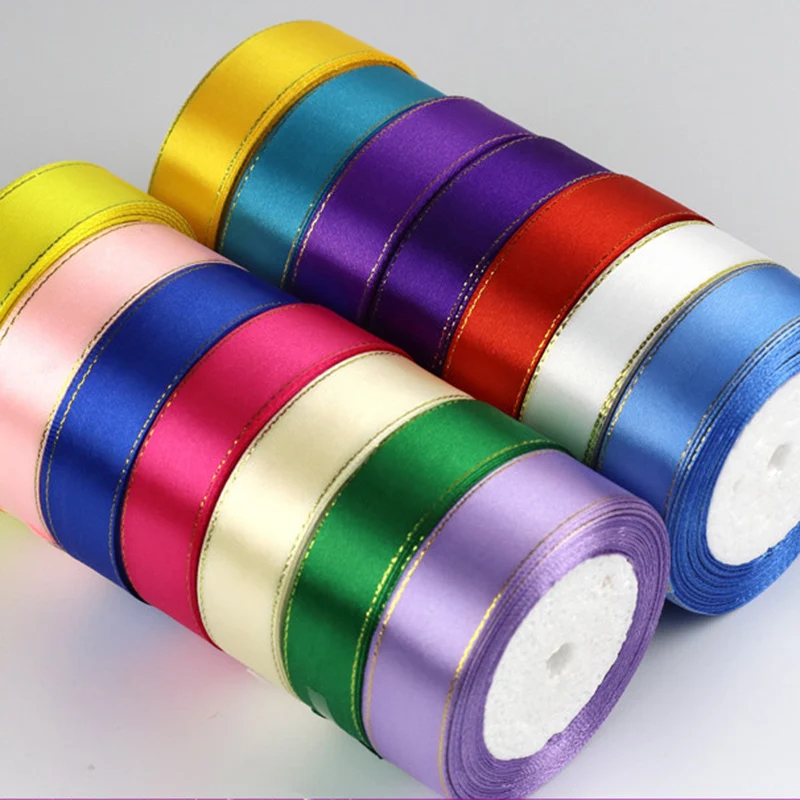 

25 Yards/Roll 25mm Gold Edge Satin Ribbons Christmas Halloween Wedding Birthday Party Gift Wrapping White Blue Purple Ribbons