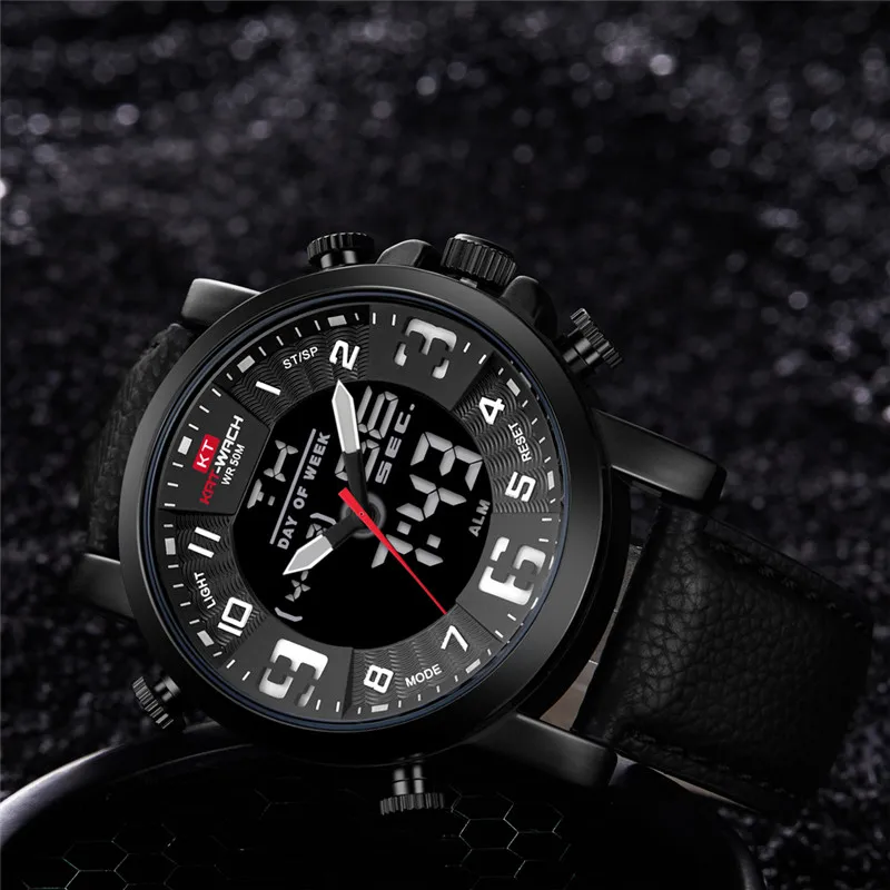 KAT-WACH Mens Dual Watches Brand Men Leather Sports Watches Men's Quartz LED Digital Clock Waterproof Military Wrist Watch