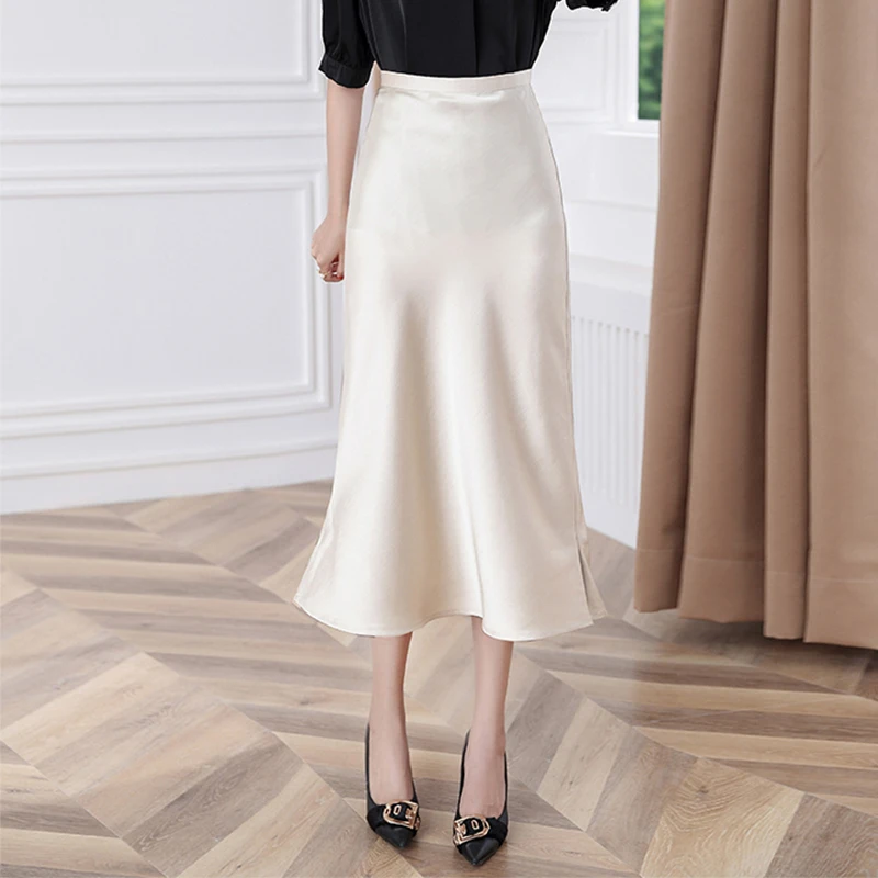 

2019 New Satin Pencil Bodycon Skirt Women Mid Calf Solid Office Lady Elegant Skirt Wear To Work 3381LY