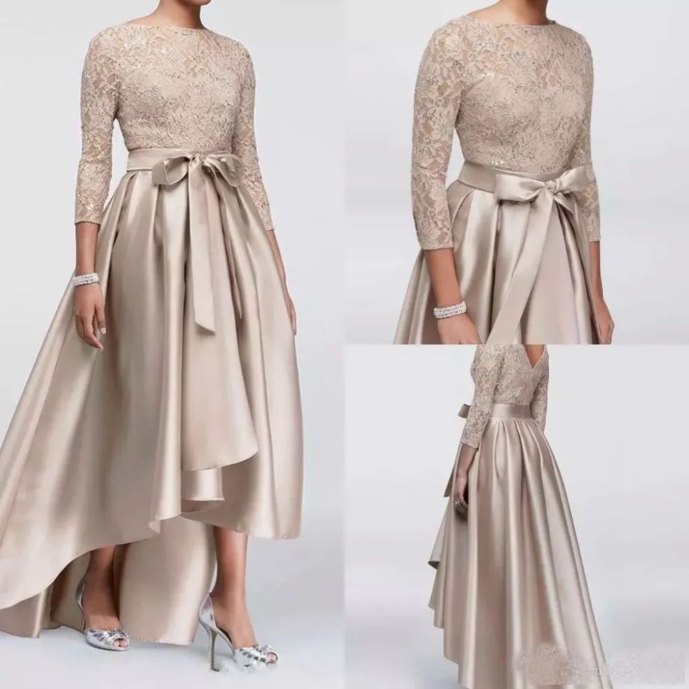 Champagne Hoge Lage Moeder Van De Bruid Jurken Lovertjes Lace Top 3/4 Lange Mouwen Avondjurken Goedkope Bruiloft Gast Jurk Champagne Hoge Lage Moeder Van De Bruid Jurken Lovertjes Lace Top 3/4 Lange Mouwen Avondjurken Goedkope Bruiloft Gast Jurk