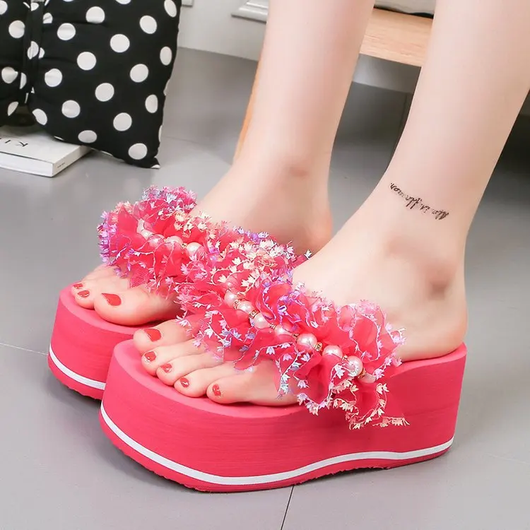 

Summer Woman Shoes Plearls Platform slippers Wedge Beach Flip Flops High Heel Slippers For Women Brand Black EVA Ladies Shoes