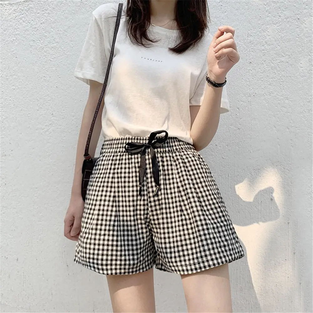 A Summer Women's cotton black and white plaid high waist shorts Harajuku trend female students casual drawstring fashion shorts - Цвет: A