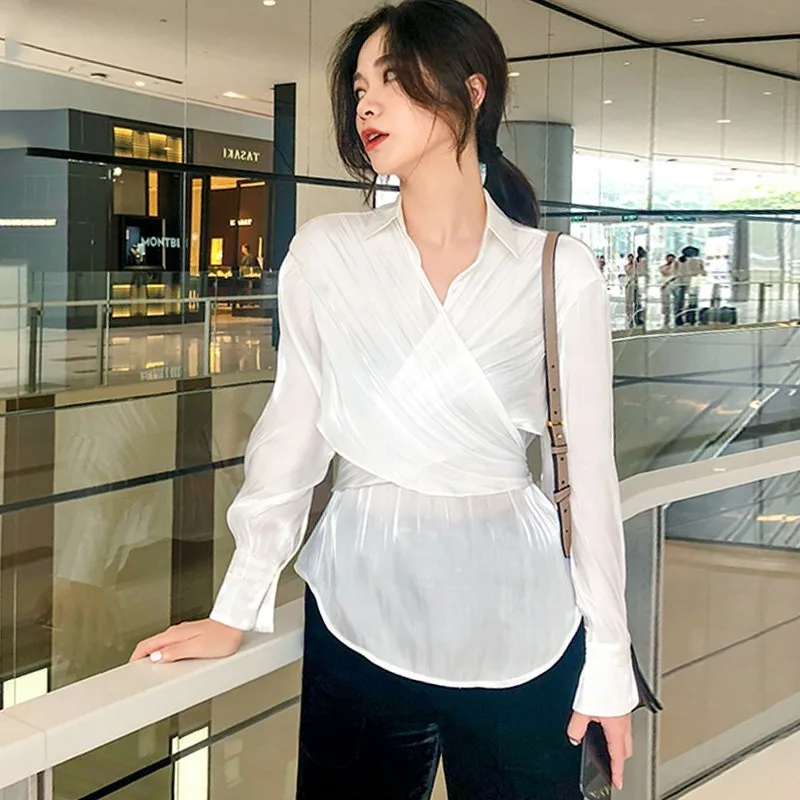 TWOTWINSTYLE, осенние корейские женские топы и блузки, v-образный вырез, длинный рукав, перекрещенная туника, повседневные модные рубашки, женская одежда, новинка - Цвет: white shirt