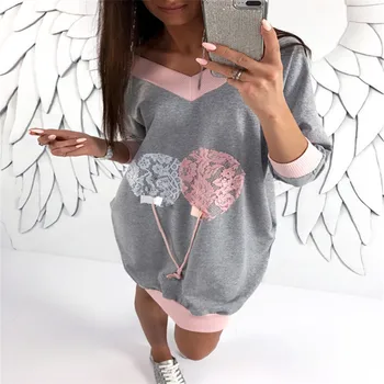 

Women autumn spring dress V-neck Long Sleeve Hoodies Dress 2019 new Patchwork Lace Dress Sweatshirt Pollover Vestido De Festa