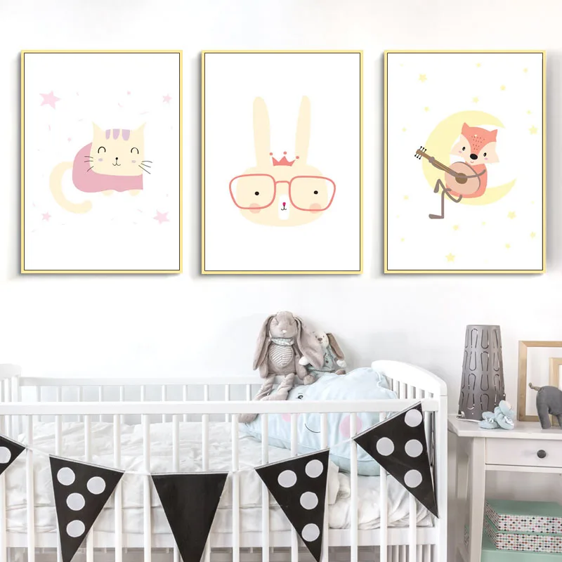 Nordic Cute Cartoon Animals Wall Pictures Fox Moon Rabbit Bear Cat Canvas Painting Baby Kids Bedroom Decor Posters and Prints | Дом и сад