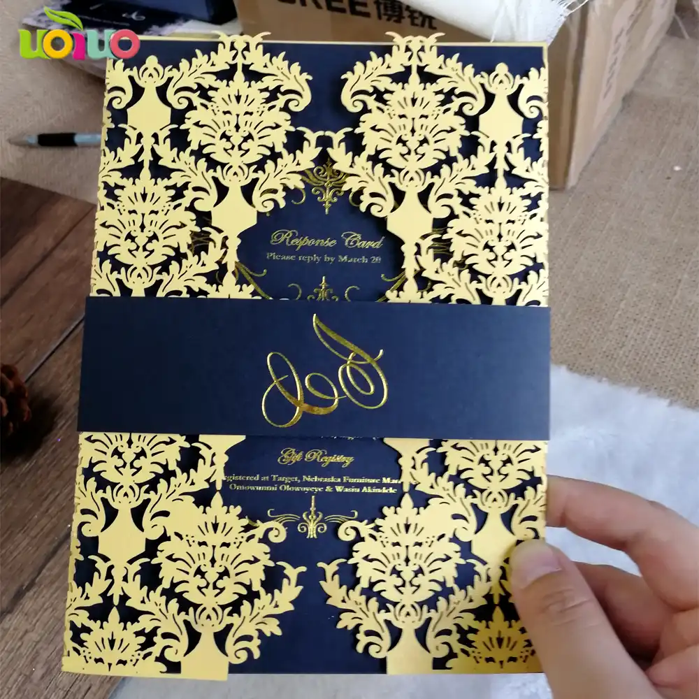 High Quality 5*5mm laser cut Wedding Invitation Card gold