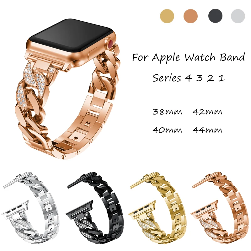

Women Diamond link Bracelet Band For Apple Watch Band 44mm 40mm 42mm 38mm Cowboy Chains Strap For iwatch 4 3 2 1 Wrist Watchband