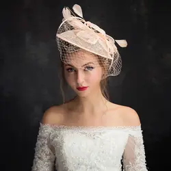 Kseniya queen Новый розовый Свадебная шляпка с птичья клетка вуаль цветок волос Цветы Тюль цветок головной убор из пряжи с пером Корейская версия