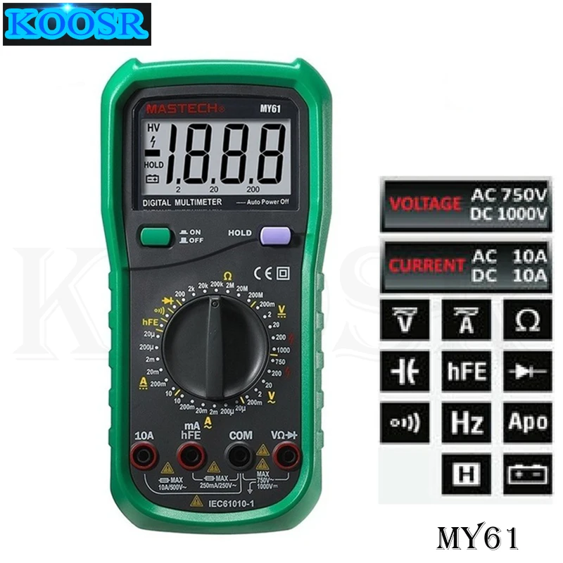 

MASTECH MY61 DMM Digital Multimeter AC/DC Ammeter Voltmeter Ohmmeter Professional w/Capacitance & hFE Test Testers Meters